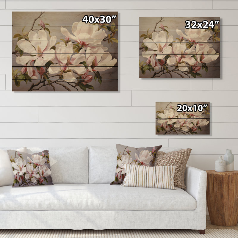 Magnolias blanc, rose et blanc - impression sans cadre sur bois, H 10 po x l 20 po x P 0,78 po