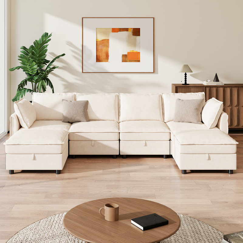 Canapé modulaire capitonné en U en chenille de 127 po avec rangement Keswick, Beige