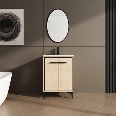 Meuble de salle de bain 61 cm (24 pouces), lavabo et rangement, bois d'ingénierie, finition résistante, manuel de montage facile, style américain, couleur chêne brillant, instructions, déclaration, brillance