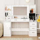 Vanity Desk with Mirror and Lights, Makeup Desk with Jewelry Organizer, Makeup Vanity with Glass Top, Dressing Table with Drawers and Shelves for Bedroom, White, 140 cm(W)× 137.9 cm(H)