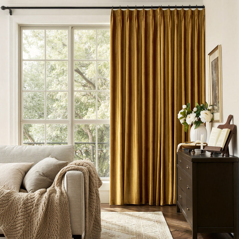 Luxury Pinch Pleated Velvet Blackout Curtains - Room Darkening 75%-85% Back Tab Drapes with Hooks+Rings (set of 2), Gold