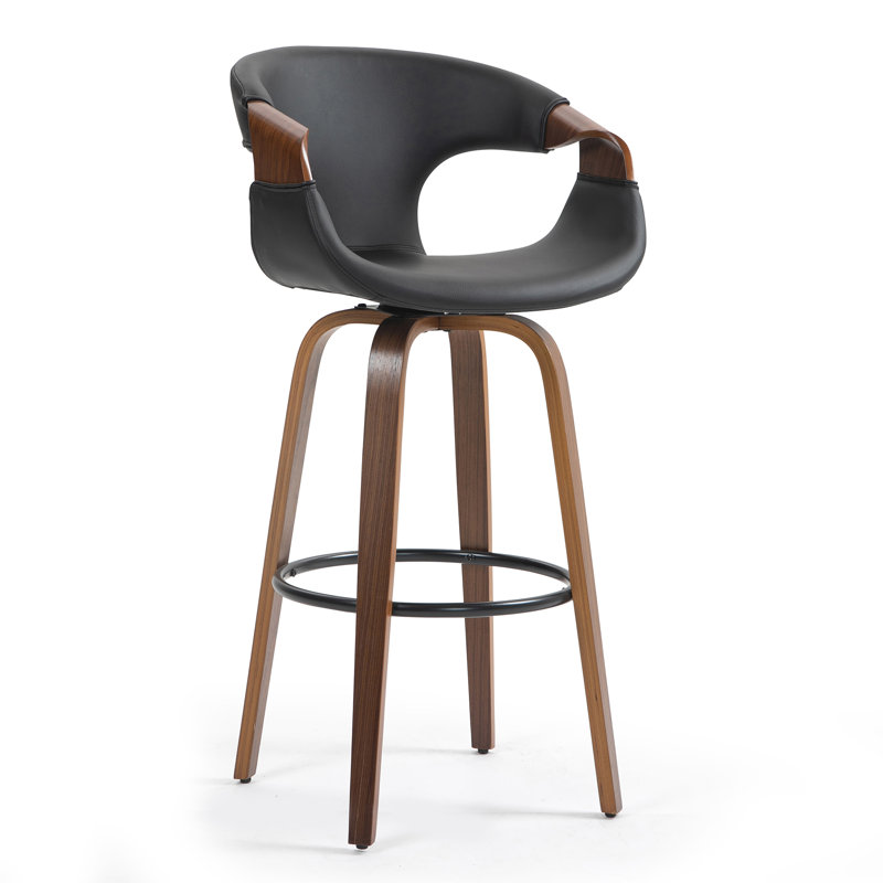 Tabouret de bar pivotant Pompano, Tabouret de comptoir (siège d'une hauteur de 25,, Noir / bois brun