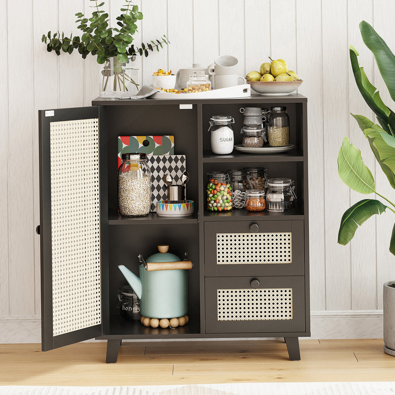 Buffet en rotin avec tablette réglable, buffet avec tiroirs pour le salon, la cuisine, le vestibule, Noir