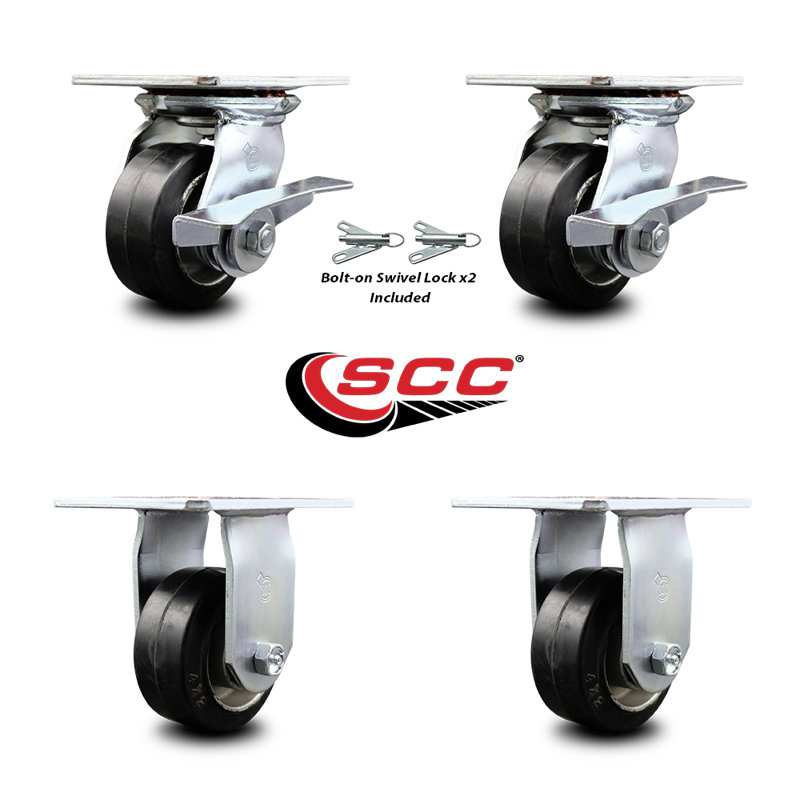 4 Inch Rubber on Aluminum Caster Set 2 Brakes/Swivel Locks and 2 Rigid SCC