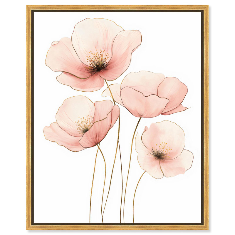 Art floral occidental sur toile rose , Cadre flottant doré, H 25 po x l 21 po