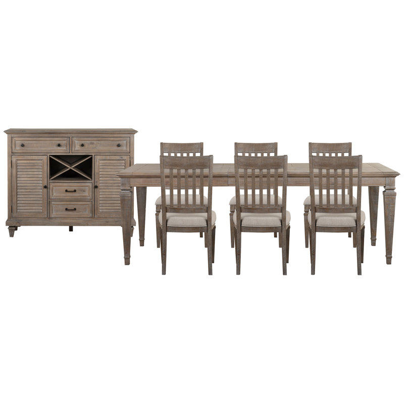 Extendable Rectangular Dining Table With 6 Side Chairs And Server, 8 Pcs: Table, 6 Chairs, Server, Brown/Beige