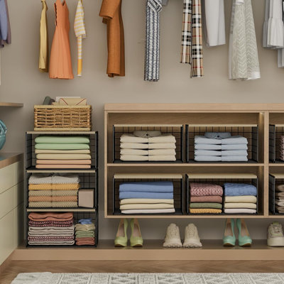 3‑Pack Stackable Closet Organizer with Wood Top – Durable Metal Wire Storage Bins, Space‑Saving Shelf System for Clothes, Accessories, Bedroom, Entryway, Laundry Room