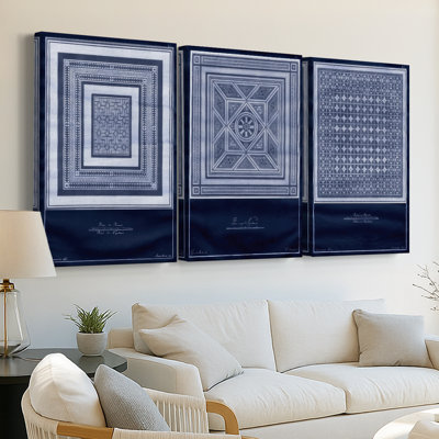 Indigo Tile IV  -Custom Wrapped Gallery Canvas - 3 Pieces