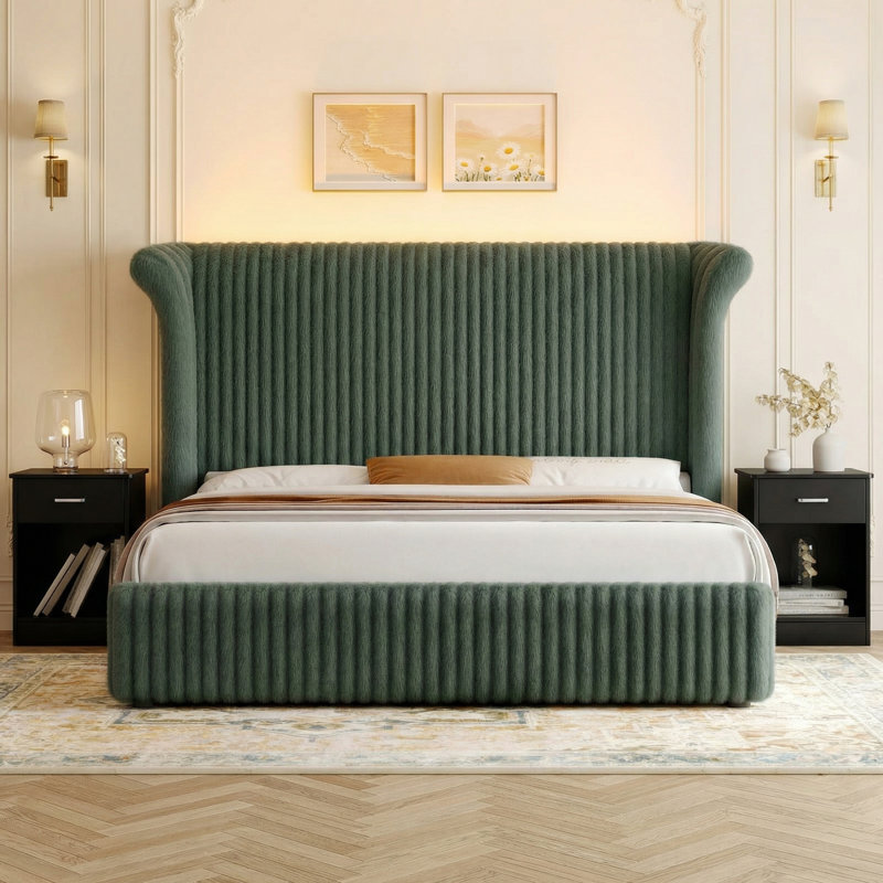 Modern 3-piece Bedroom Set, 55" Green High Wingback Bed With Built-in Lighting And 1-drawer Nightstands, Black/Green, King