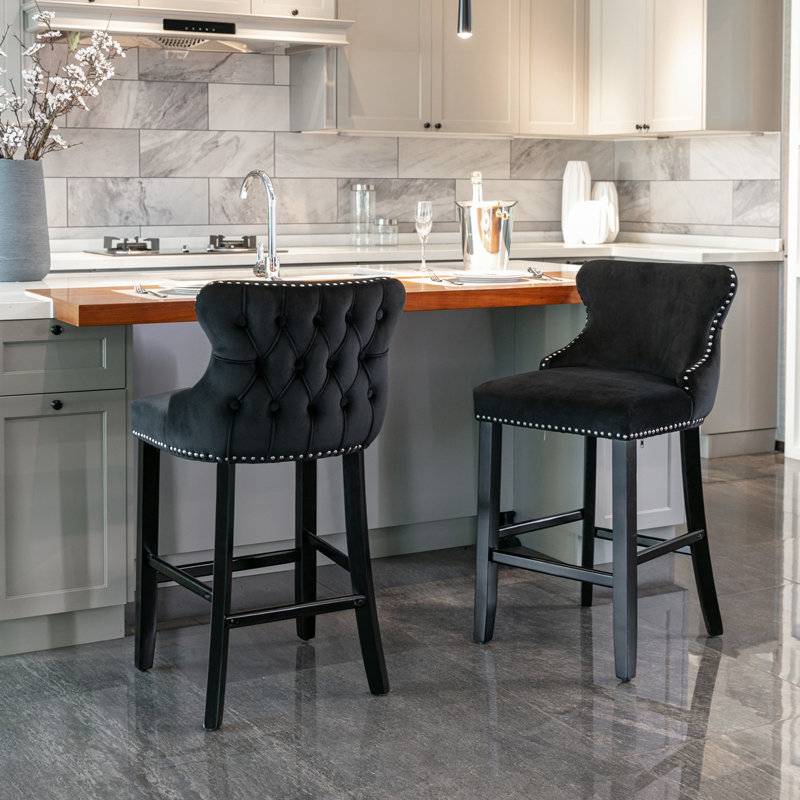 Velvet Wing-Back Bar Stools Set Of 2 With Button Tufted Decoration And Wooden Legs, Black