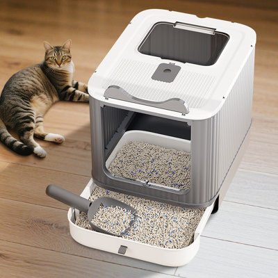 Bac à litière élégant pour chat Elf blanc surélevé, intérieur surdimensionné résistant aux fuites, bonne circulation d'air, murs visibles, cuillère de nettoyage quotidienne pratique incluse, utilisation quotidienne pour plusieurs animaux de compagnie