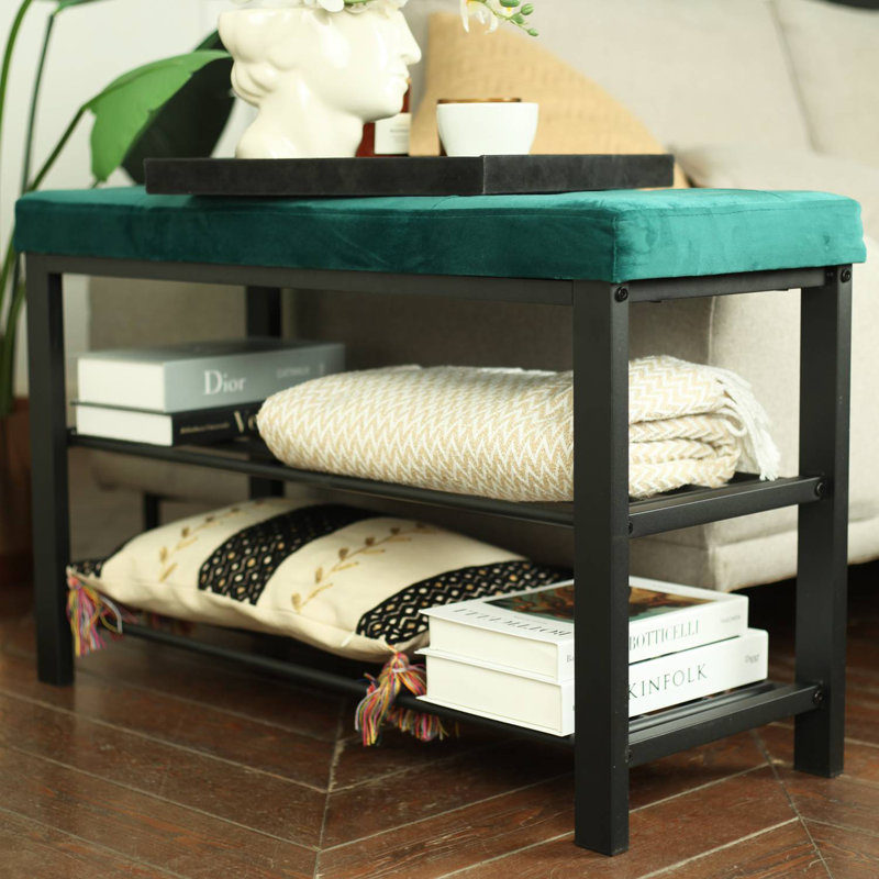 Black Metal Shoe Bench with Velvet Padded Seat | 2-Tier Shoe Rack L81.5 W33 H50 cm, Green