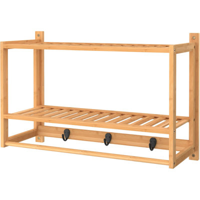 Bamboo Wall Shelf With Towel Bar, 3 Hooks,2-Tier