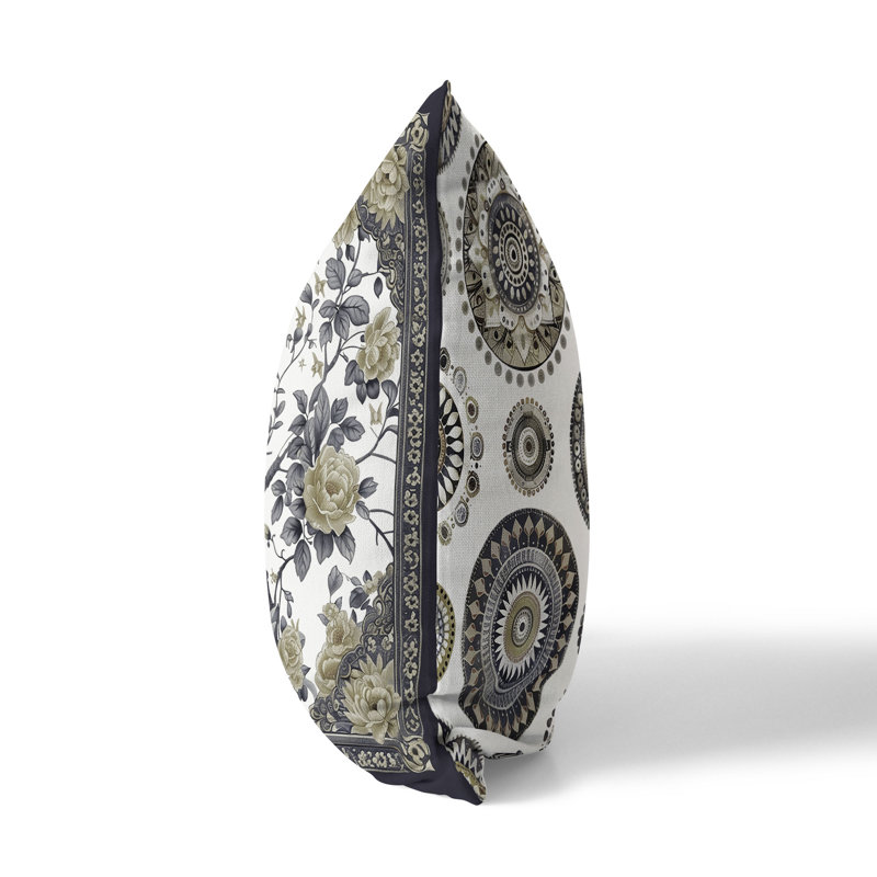 Coussin Peacock Mandala, Gris / Crème, H 16 po x l 16 po