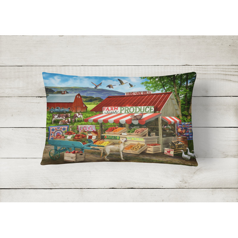 Outdoor Throw Pillow, Produce Stand Yellow Lab and Cows