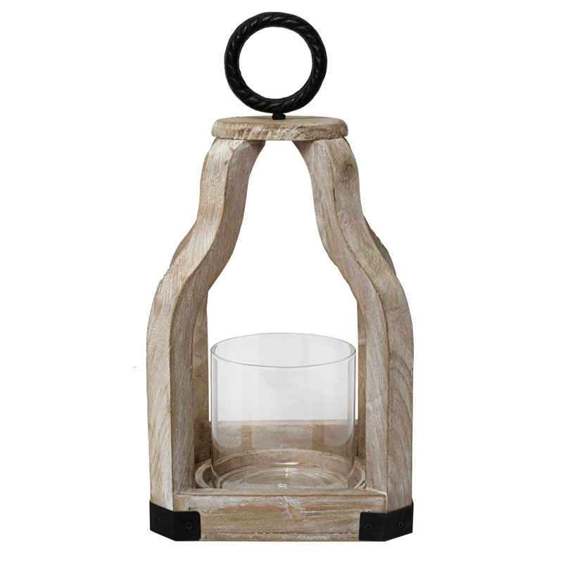 13" Rustic Farmhouse Wood Candle Hurricane Lantern With Glass Candlestick Holder For Patio, Table Centerpiece, White Wash