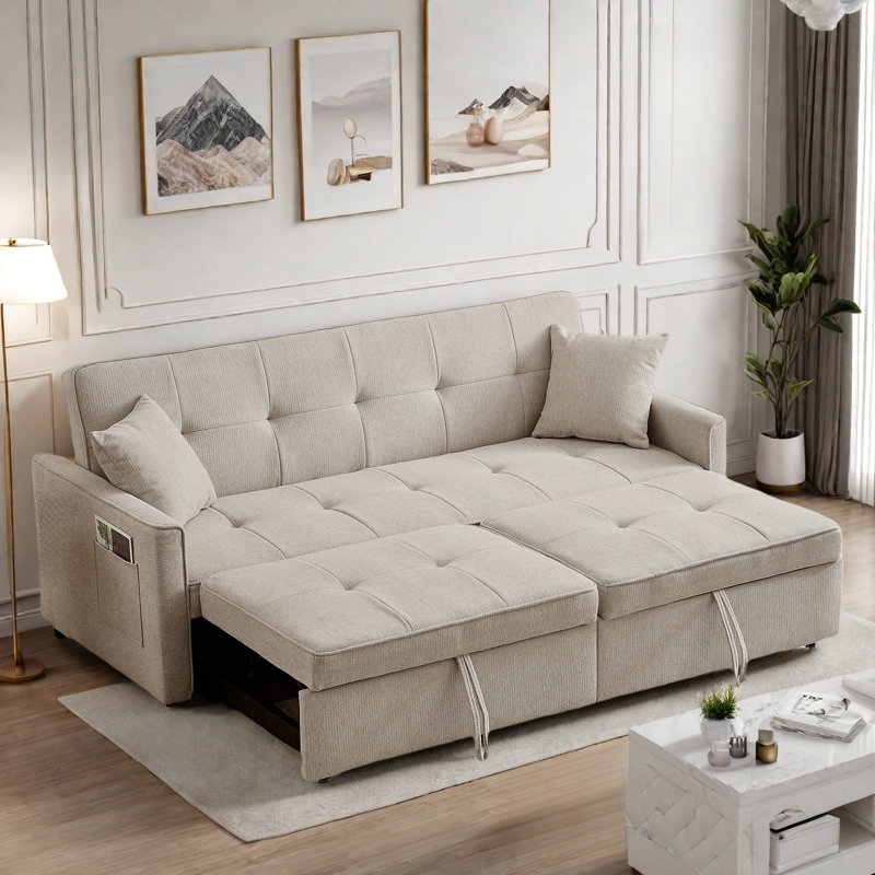 3 In 1 Convertible Sleeper Sofa Bed With Reclining Backrest, Pillows And Side Pockets, Beige