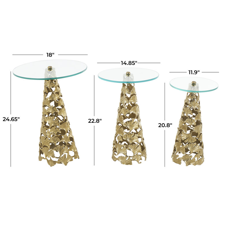 Aadrian Aluminum Metal Cutout Cone Shaped Floral Side End Gold Accent Table with Tempered Glass Tabletop Set, Gold