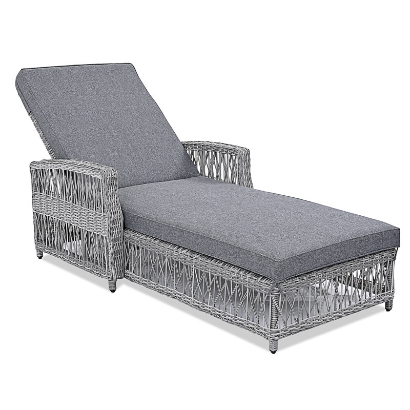 Outdoor Long Reclining Chaise, Wicker Lounge With Armrests, Patio Adjustable Recliner With Soft Removable Cushions, All Weather Rattan Pool Lounge For Poolside & Garden