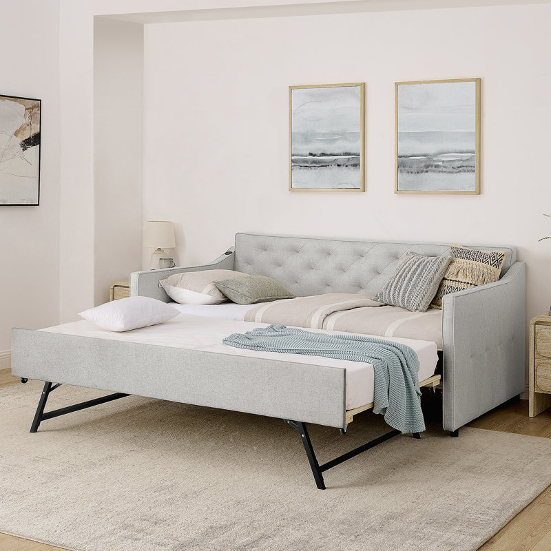 Twin Size Upholstery DayBed with Twin Size Pop-up Trundle and USB Charging Design, Beige