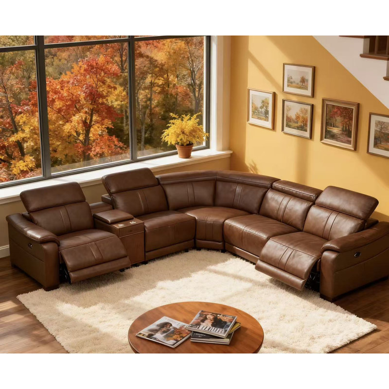 Ayshea Upholstered Power Reclining L-Shaped Sectional Reversible, Brown Leather Match, 31.5'' H X 119.5'' W X 106'' D