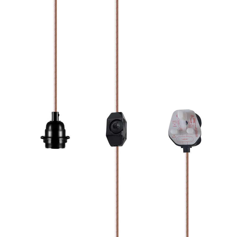 Mateer Ceiling Pendant Fitting, E27 Lamp Holder 2M Plug In Pendant Light Cord, Fabric Cable 3 Pin Plug In With On/Off Switch Lighting Kit