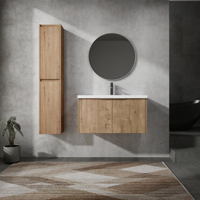Élégant meuble-lavabo de salle de bain 36 po avec lavabo et armoire d'appoint - Unité de rangement fonctionnelle imitation chêne