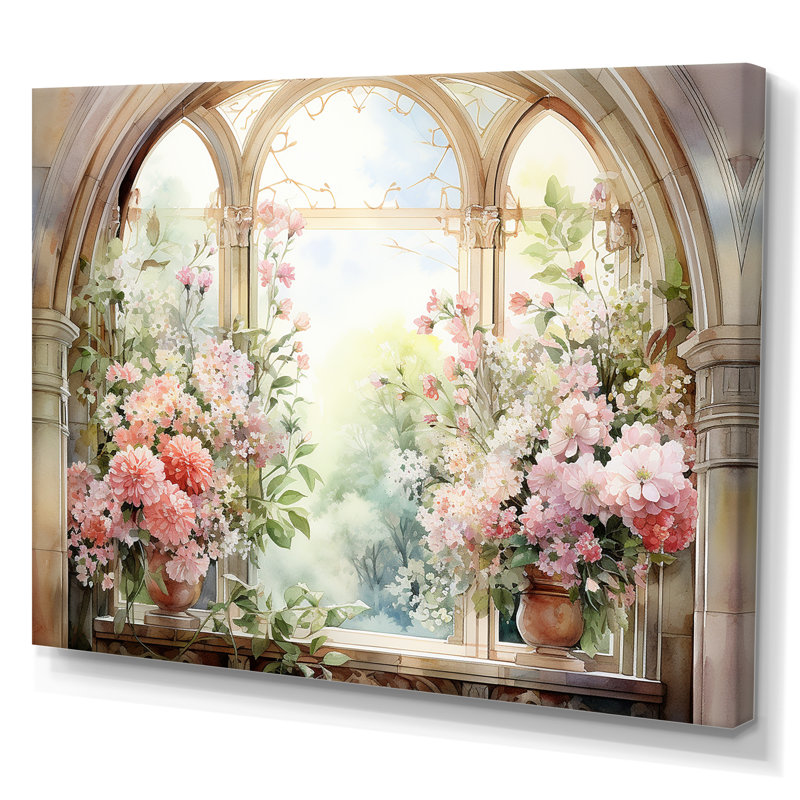 «Pink Blossoming Country Window Gaze V», reproduction d'art sur toile, Toile tendue, H 16 po x l 32 po x P 1 po
