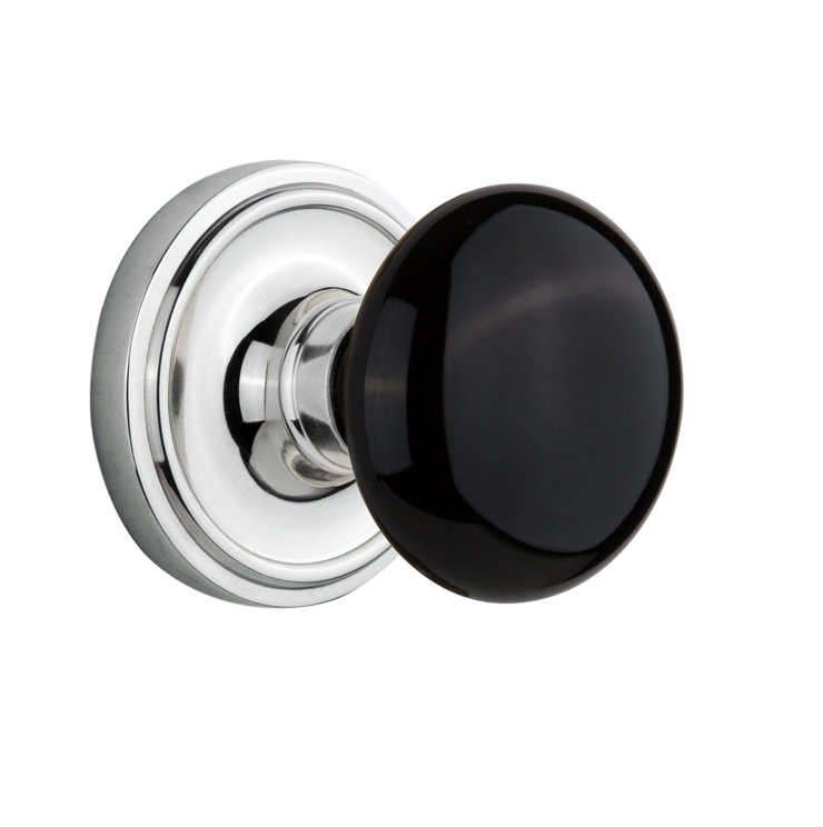 Rosette classique avec bouton de porte en porcelaine noire, Chrome brillant, 2-3/8 po
