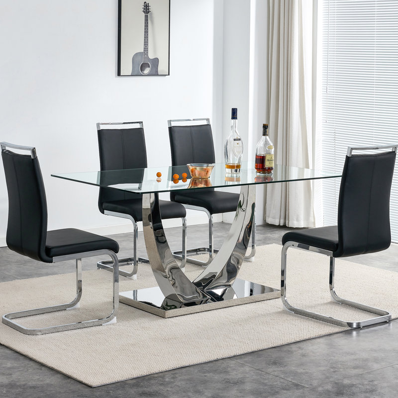 Plouffe Glass Top Metal Base Dining Table, Silver