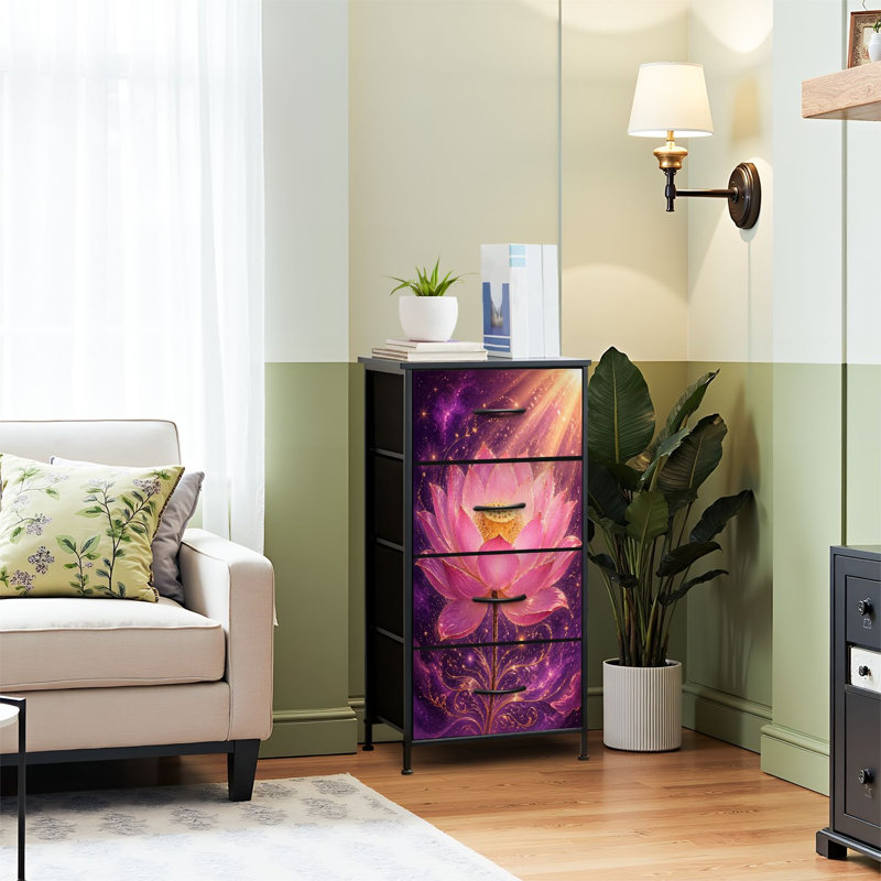 Commode 4 tiroirs pour chambre à coucher, commode étroite, plateau en bois et structure de bureau en fer 18 po x 37,5 po - (l x H) - avec imprimé cosmique doré scintillant de fleur de lotus rose