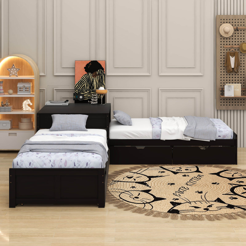 Lit plateforme simple en L avec lit gigogne, tiroir et bureau, Espresso