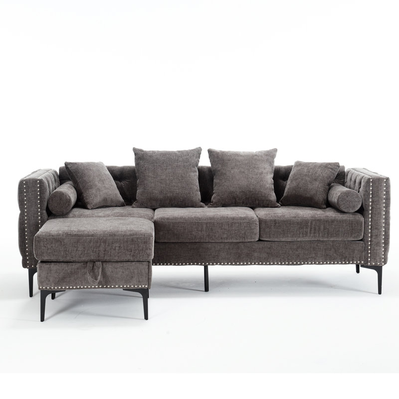 Canapé modulaire gris foncé avec tissu chenille, accoudoir carré, dossier et fonction de rangement convertible, revêtement, 3 places