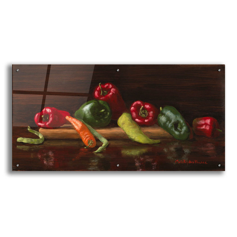 Poivrons verts et rouges sur plastique / acrylique par Christopher Pierce, H 24 po x l 48 po x P 0,2 po