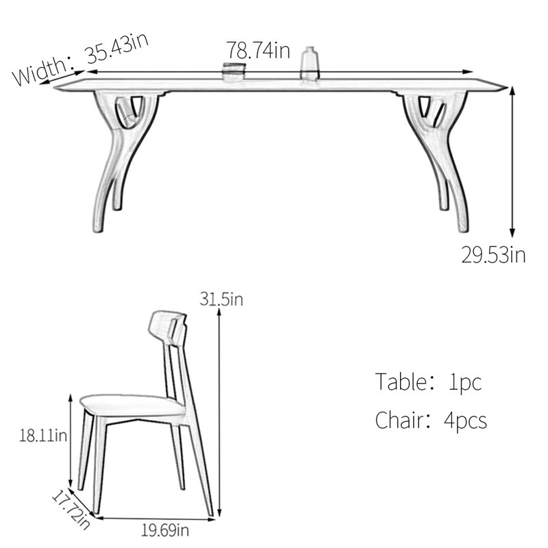 Creative solid wood rectangular dining table set, 5
