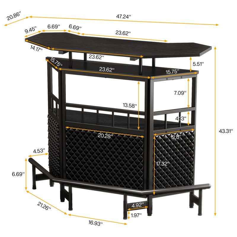 Bar Unit For Liquor, 4 Tier Home Bar Cabinet With Storage Shelves And Footrest, Corner Mini Bar Table With Wine Glass Holder For Home/Kitchen/Bar/Pub, Black