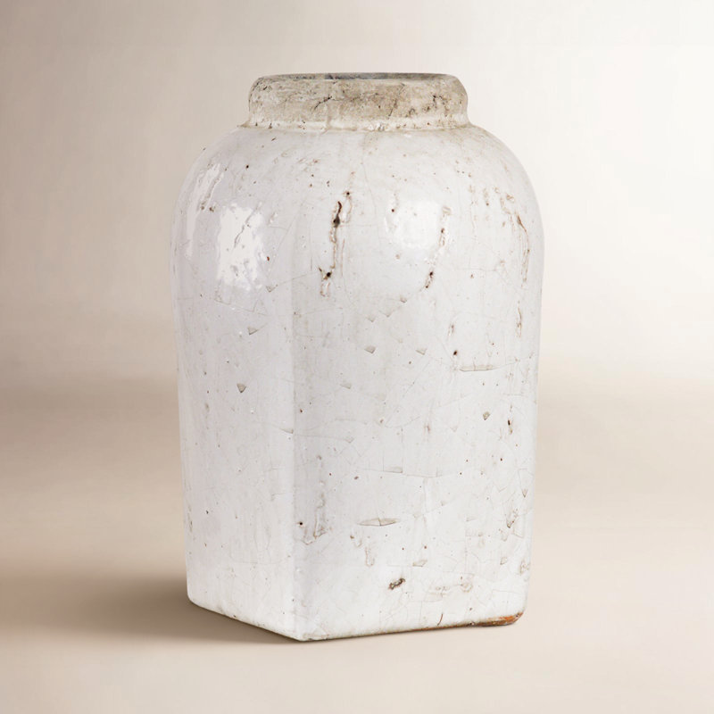 Vase de table blanc intérieur / extérieur en grès, H 15 po x l 11,5 po x P 11,5 po
