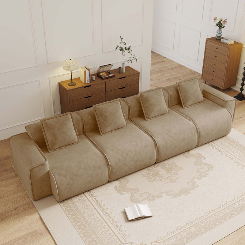 Canapé modulaire en velours 4 places avec coussins décoratifs, Brown, 31.1" H x 138.58" W x 38.2" D