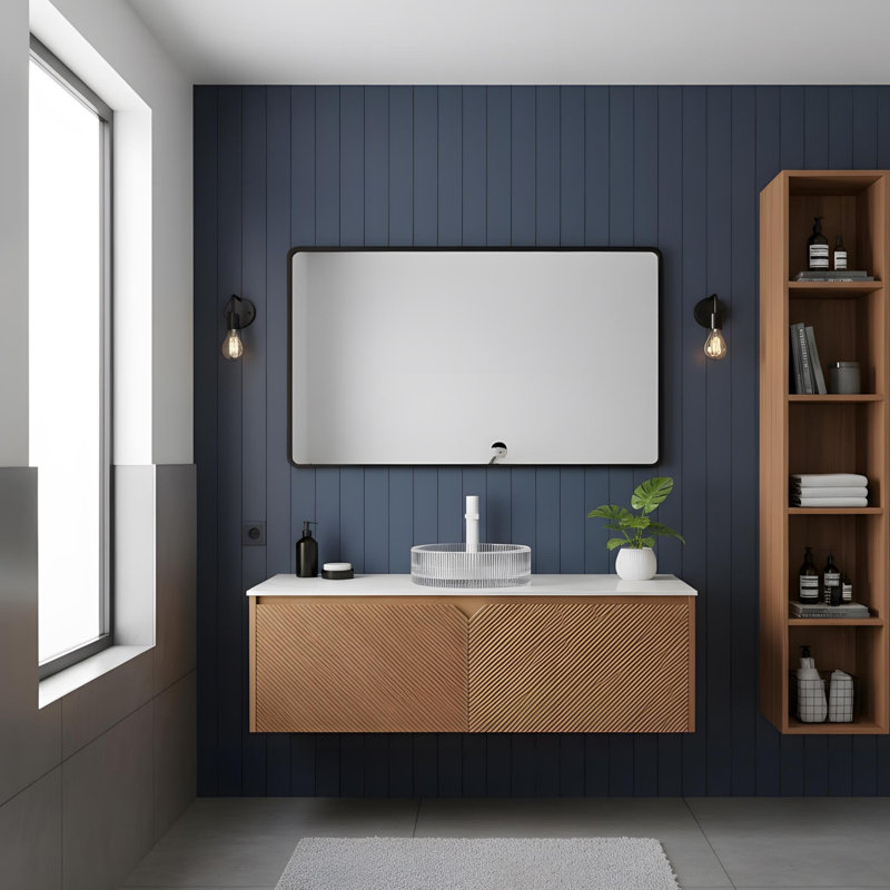 Meuble-lavabo à tiroir avec poignées et capteur de lumière, Chêne brun, 48", Clair