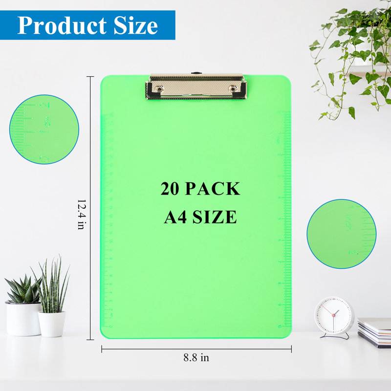 Ensemble de 20 planchettes à pince transparentes en PP transparent avec règle de mesure intégrée