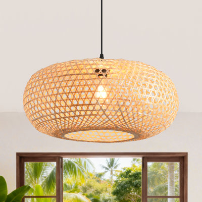 Bamboo Pendant Light, Natural Bamboo Shade, Iron Frame, Adjustable Height, E27 Socket, 55 Cm Diameter, For Living Room Dining Area (Bulb Not Included)