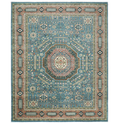 Tapis traditionnel bleu en laine noué à la main 11 pi 10 po x 15 pi 1 po Rose Oushak