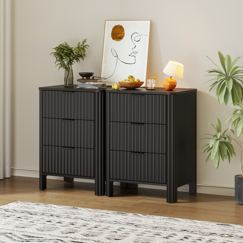 Ensemble de 2 tables de chevet cannelées à 2 tiroirs avec station de charge, table de chevet incurvée avec poignée, Noir