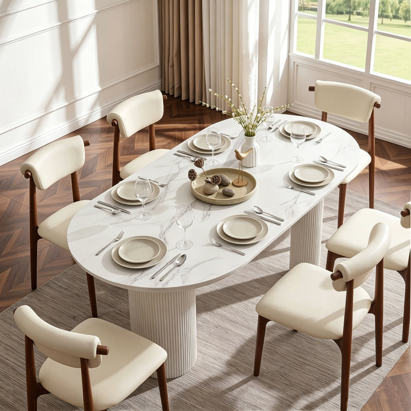 71'' Modern Oval Dining Table for 6-8 People, White Kitchen Table with Sintered Stone Tabletop, Wood Legs, Dining Room Table for Home Living Room (Table Only)