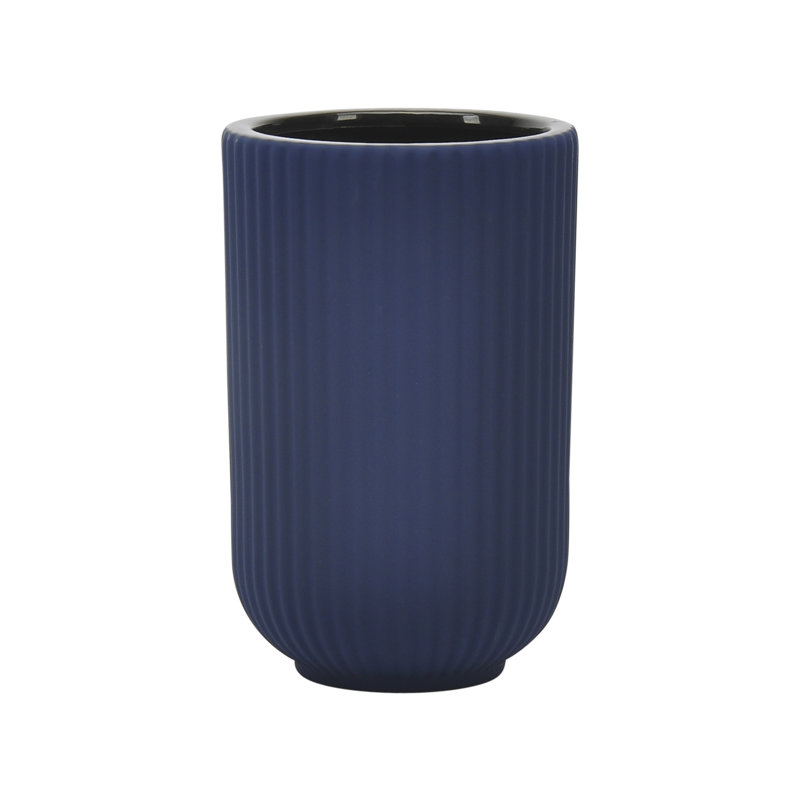 Zed Ribbed Ceramic Handcrafted Watertight Table Vase, 7" H x 5" W x 5" D, Navy Blue