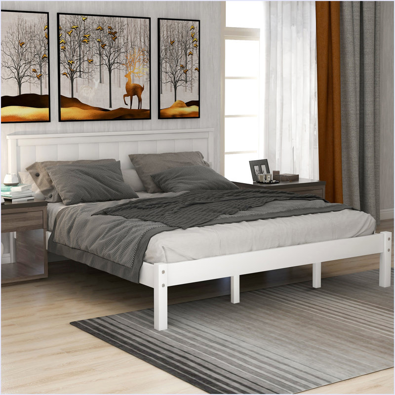 Base de lit plateforme avec tête de lit, Blanc, Grand lit