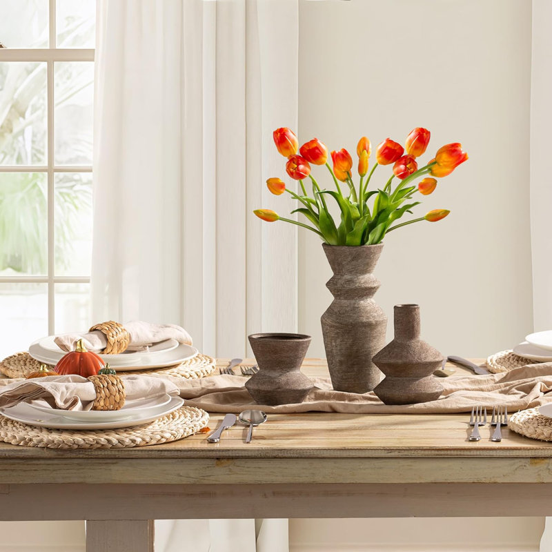 3-Piece S/M/L Ceramic Vase Set: Waterproof Farmhouse Decor for Fresh/Dried Flowers & Table