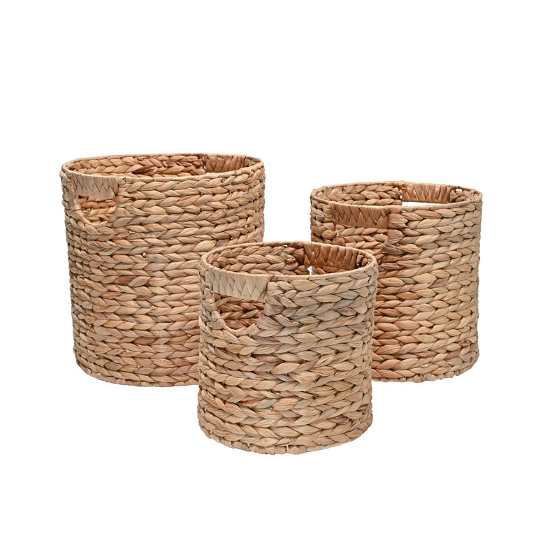 Avery Bohemian Cottage Handwoven Hyacinth Cylinder Nesting Baskets with Handles (Set of 3), Natural