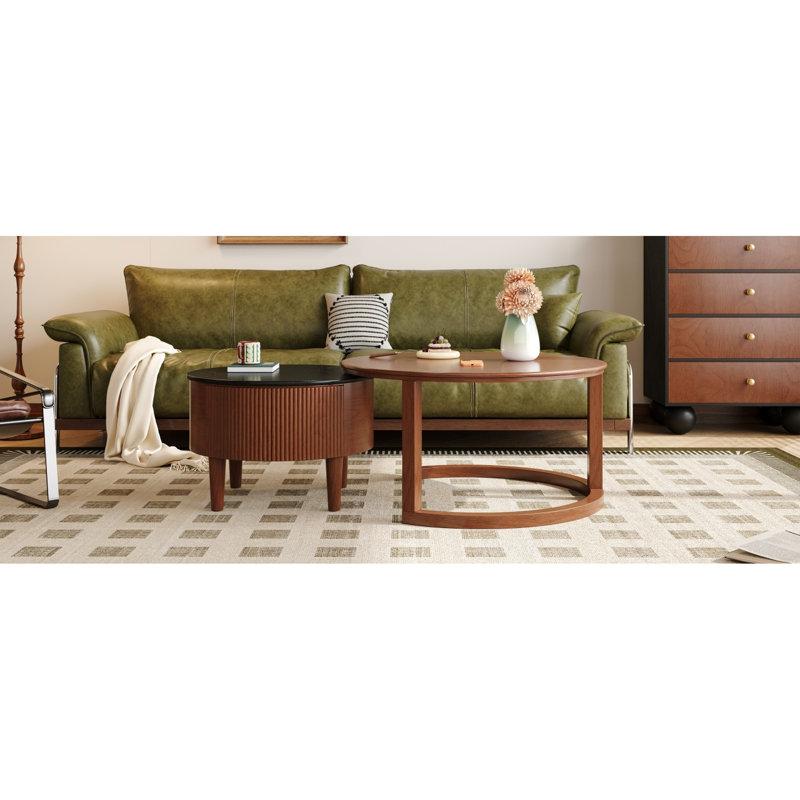 Table basse gigogne noire et noyer, dimensions 31,5 po, tiroir cannelé pour table fonctionnelle de style spécial avec design et tiroir rétro, look