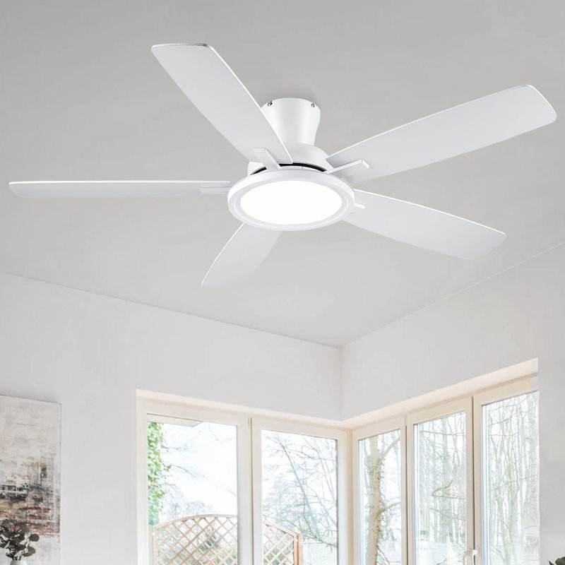52" Flush Mount Ceiling Fan With Lights And Remote Control, Reversible And 5 Dual-sided Blades, White